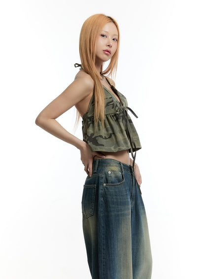 Camo Ribbon Halter Crop Cami Top CY501