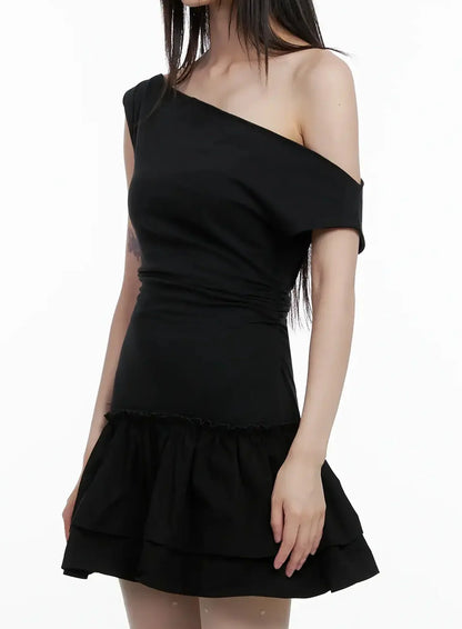 Asymmetrical Ruffle Off-Shoulder Dress IL531