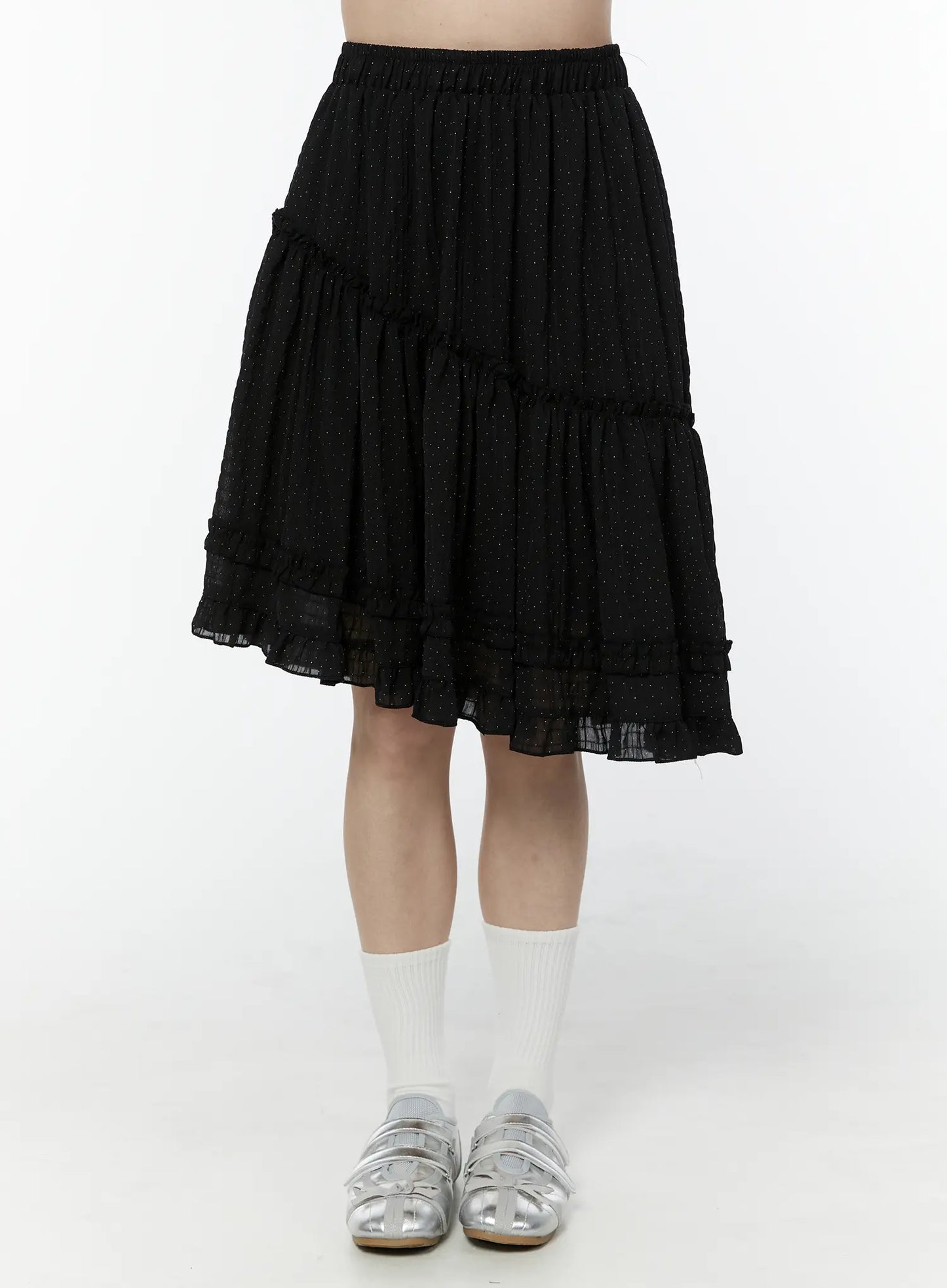 Asymmetric Ruffle Polka Dot Midi Skirt IU505