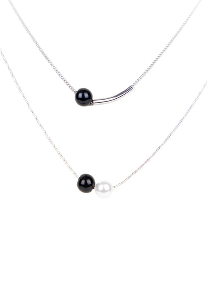 Black Faux Pearl Layered Necklace CA527