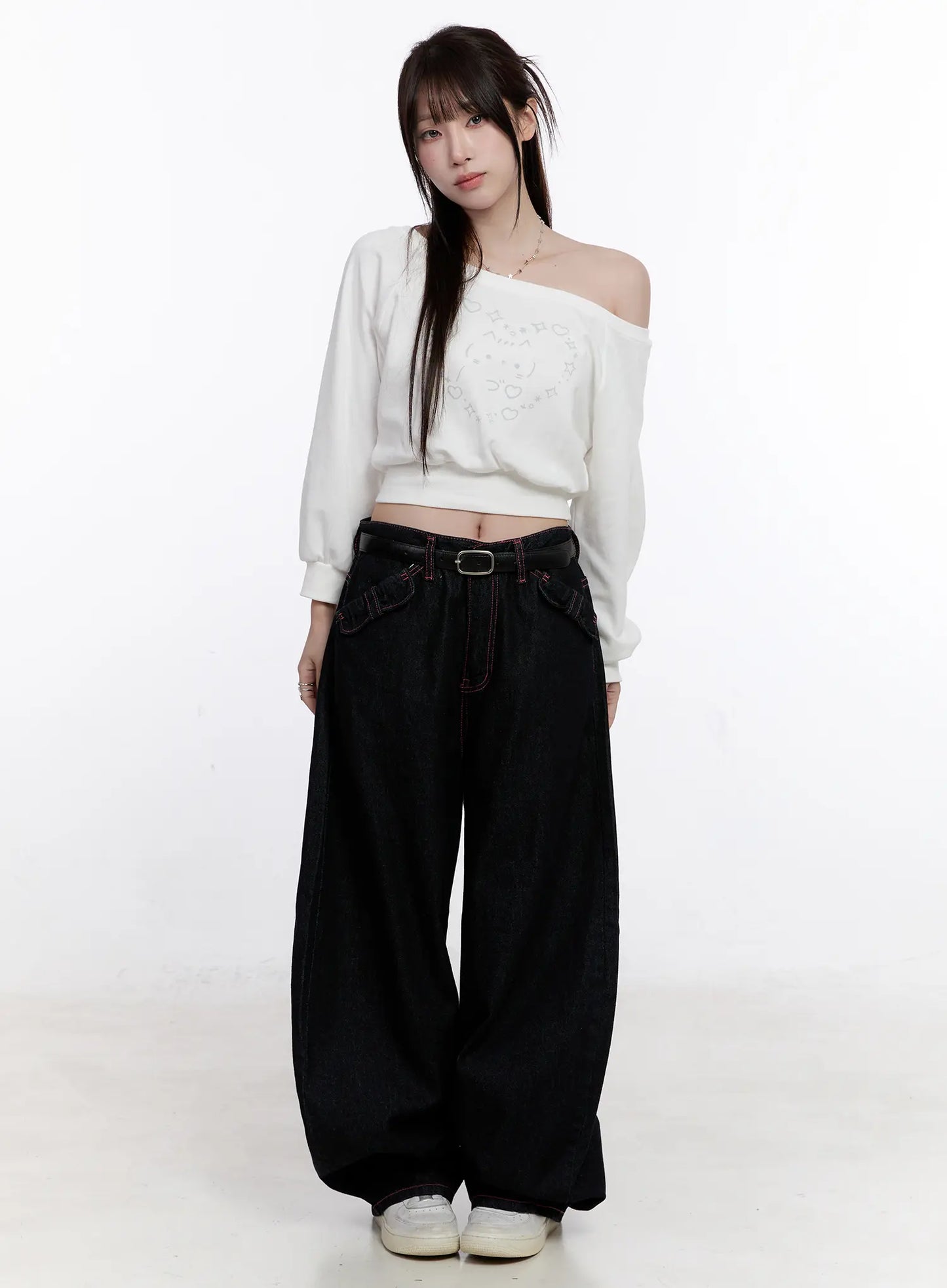 Cat Print Off-Shoulder Cropped Sweatshirt CO501