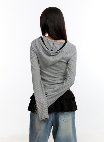 Button Stripe Hoodie Top CA508