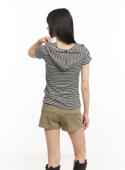 Buttoned Striped Hooded T-Shirt CA523