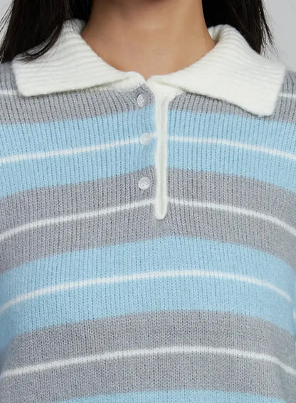 Buttoned Collar Striped Knit Sweater IM520