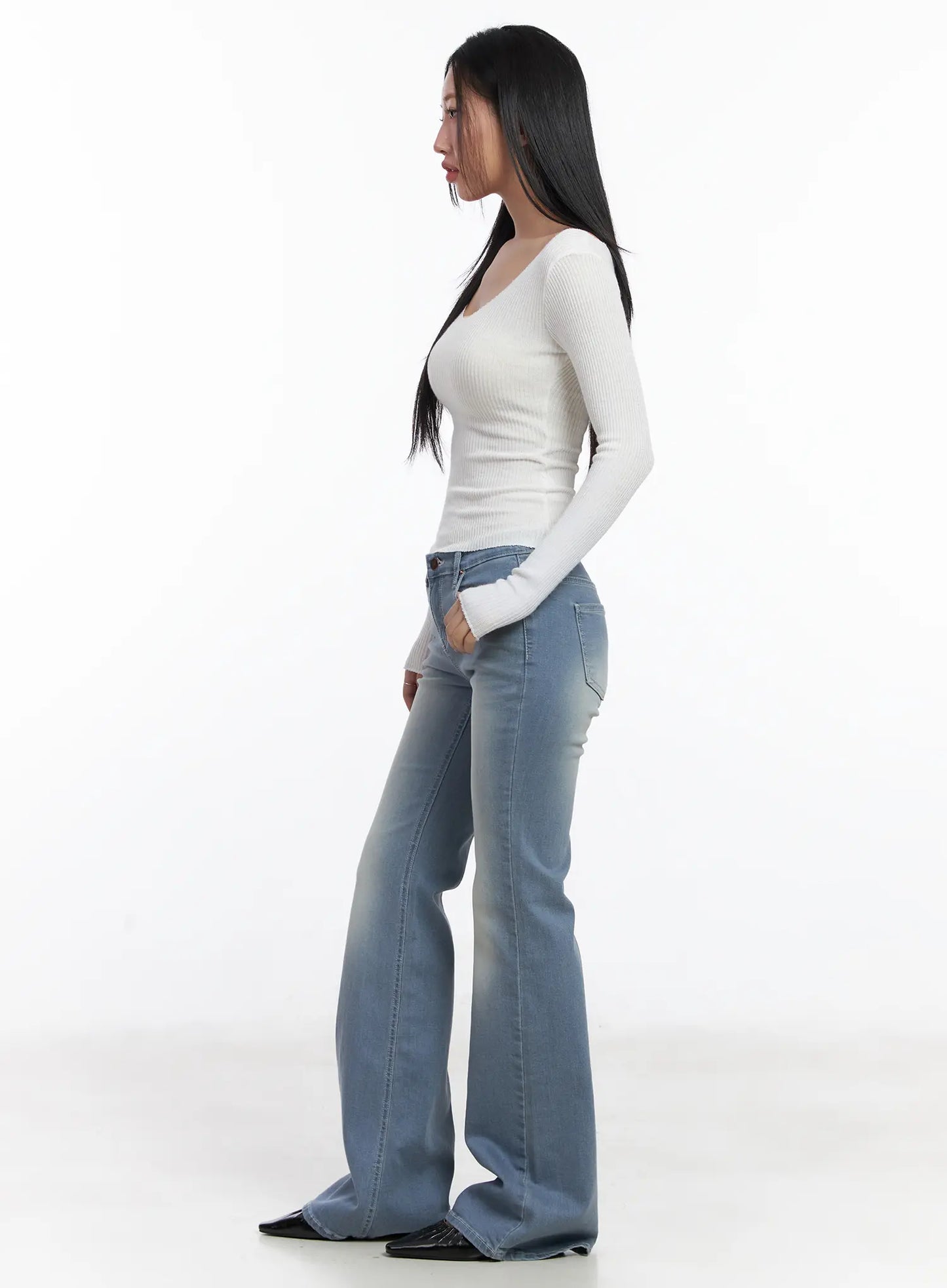 Basic V-Neck Ribbed Long Sleeve Top CF503