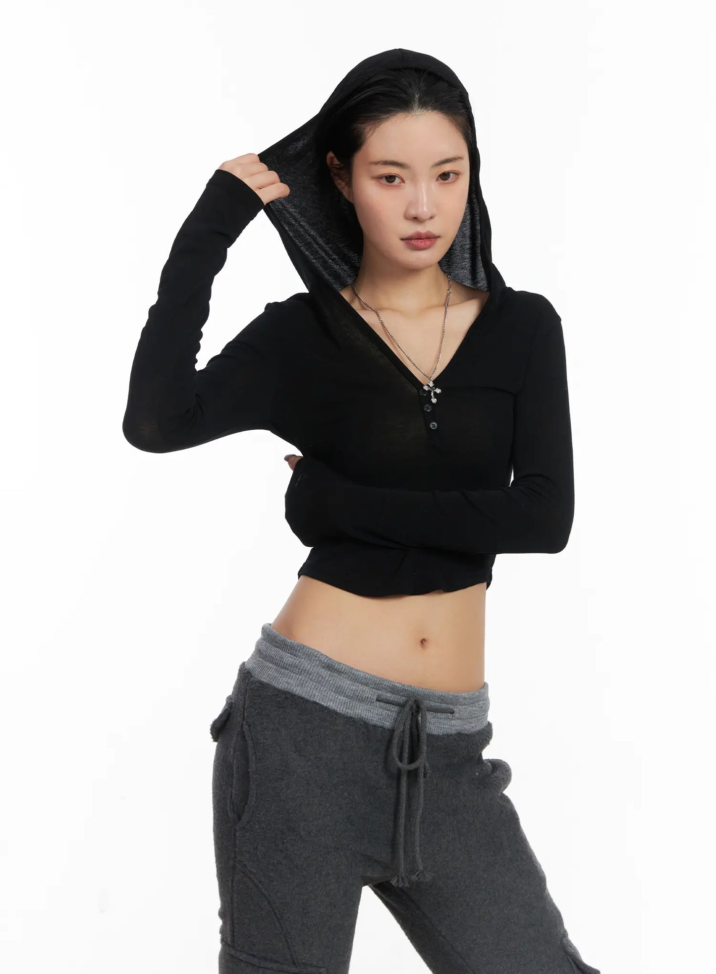 Buttoned Hooded Long Sleeve Crop Top CD509
