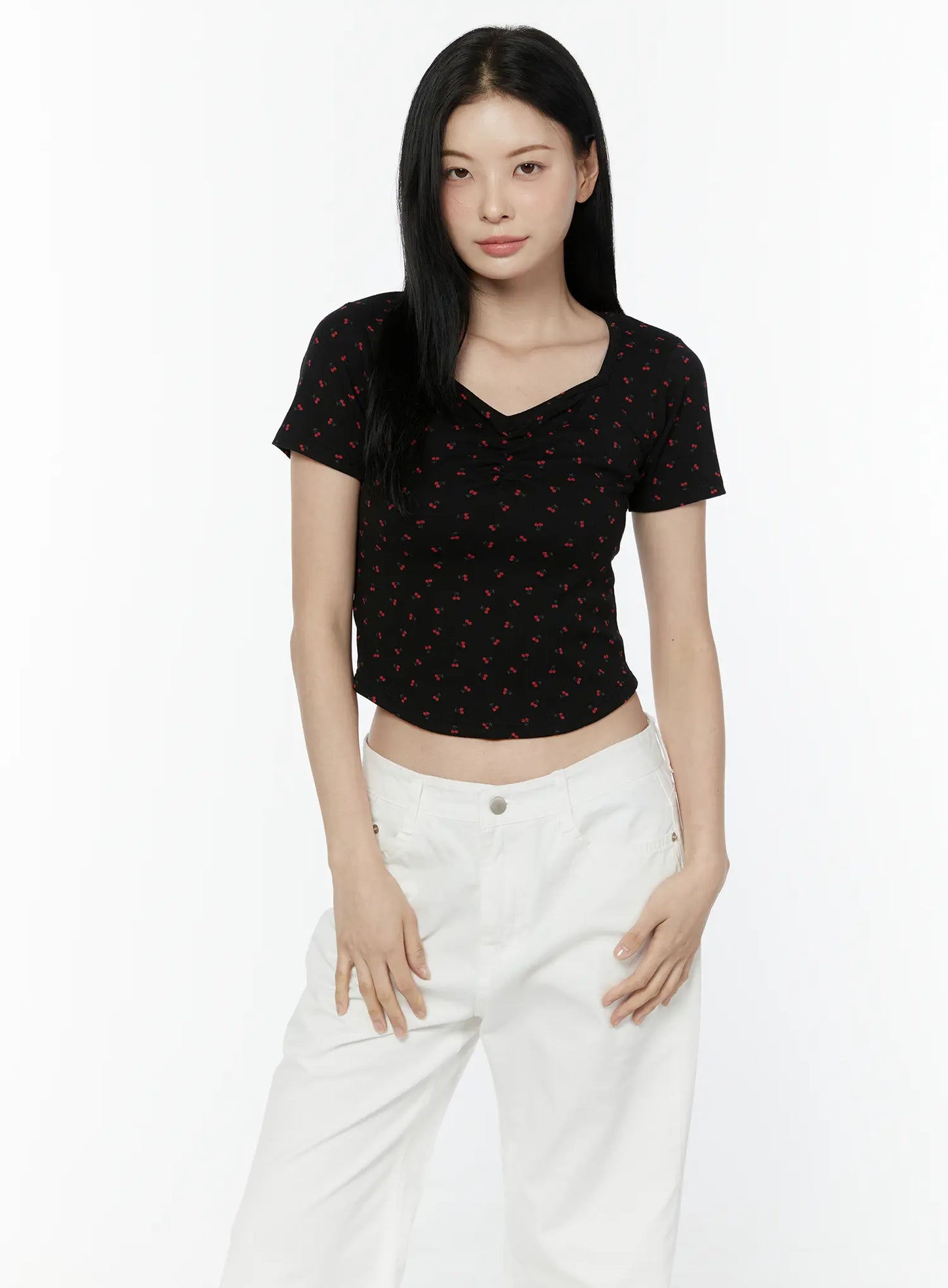 Cherry Print Sweetheart Neckline Tee IU505