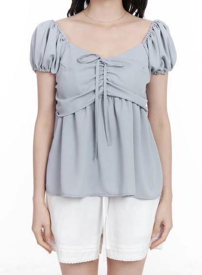 Chiffon Ruched Puff Sleeve Blouse CA510