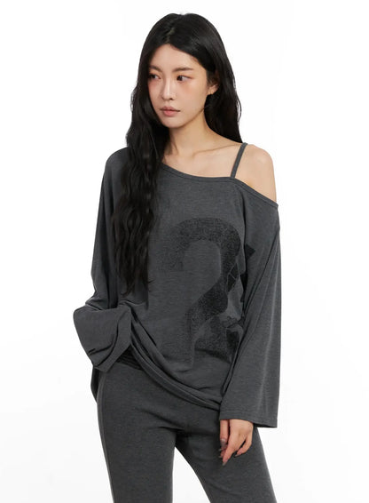 Casual Graphic Long Sleeve Off-Shoulder Top IN528