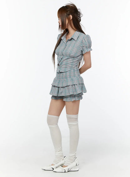 Check Puff Sleeve Crop Blouse CY518