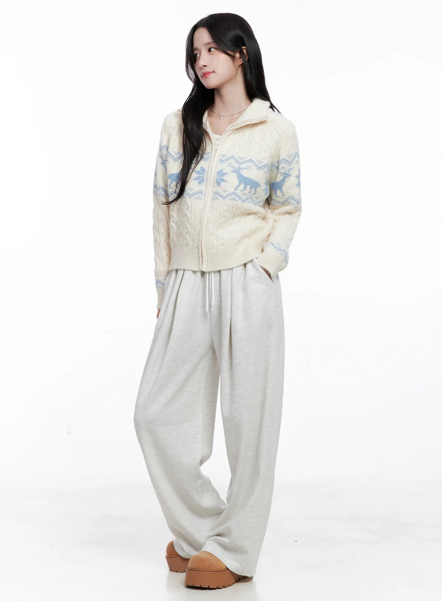 Cable Knit Funnel Neck Zip-Up Sweater CS523