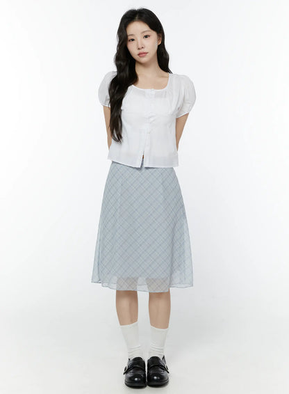 Chiffon Flare Plaid Midi Skirt IY507