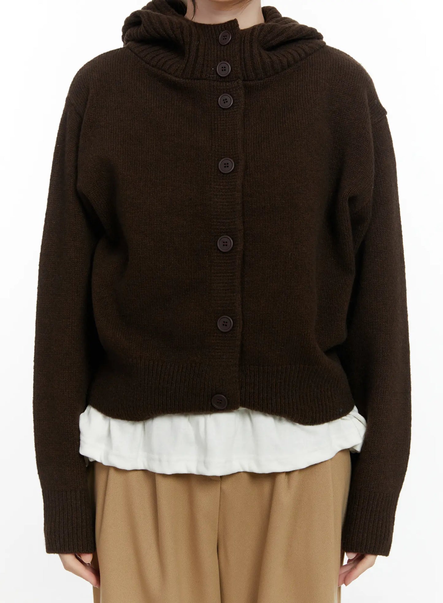 Button Hooded Knit Cardigan F502