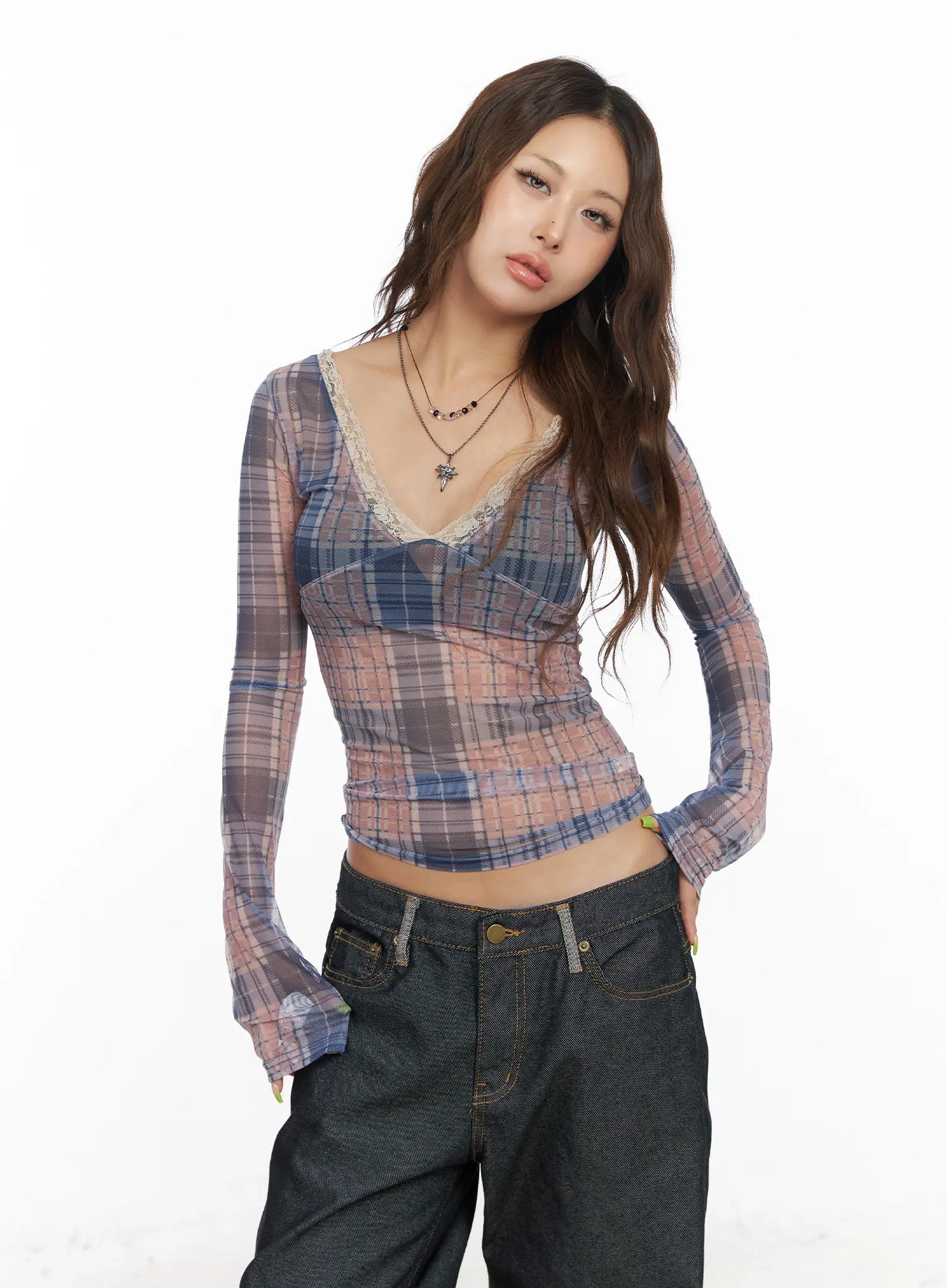 Checkered V-Neck Long Sleeve Top CF512