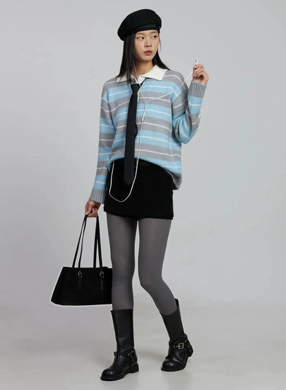 Buttoned Collar Striped Knit Sweater IM520