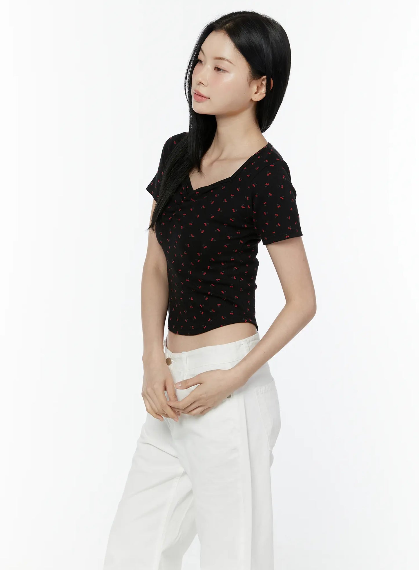 Cherry Print Sweetheart Neckline Tee IU505