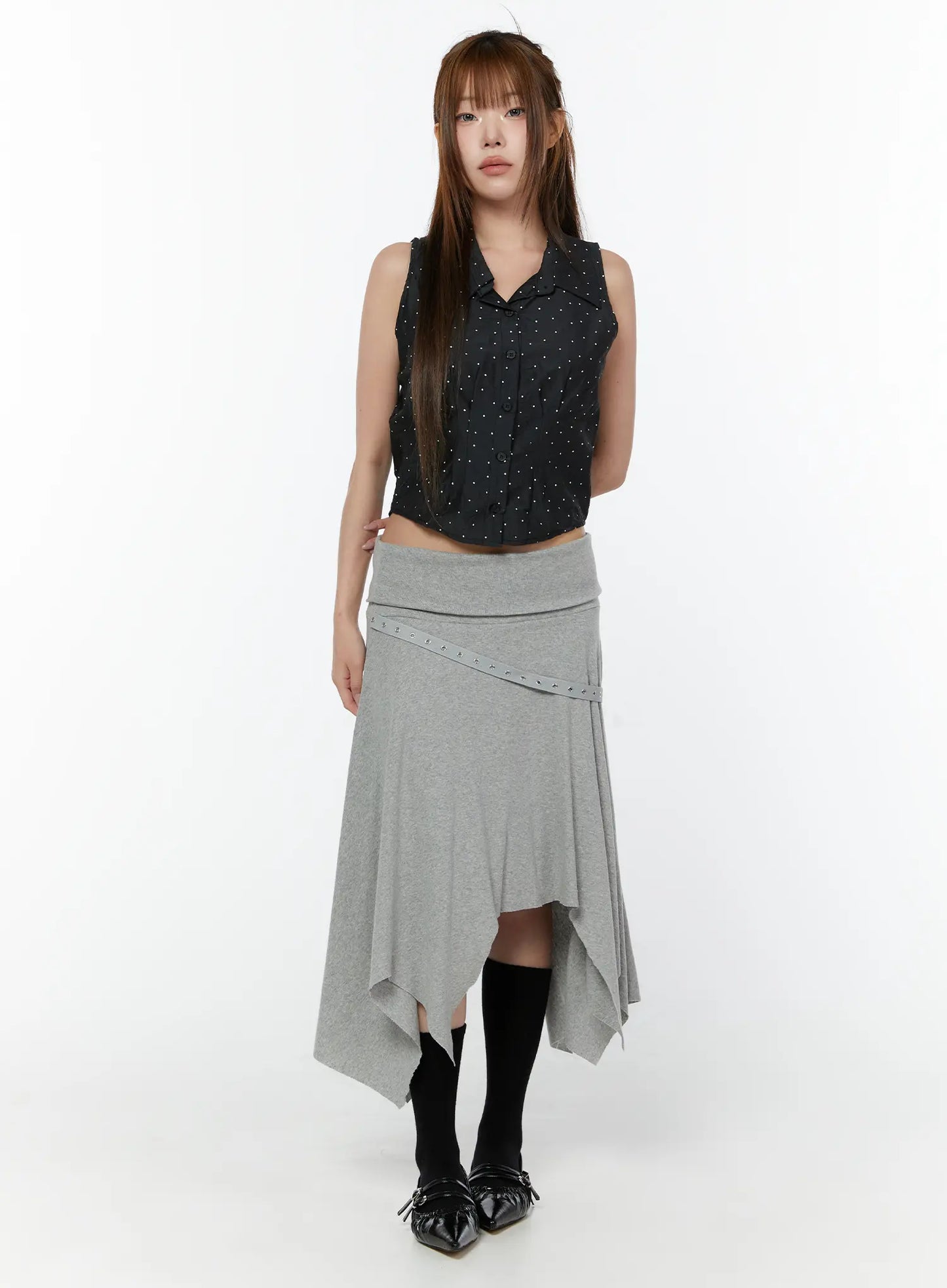 Asymmetric Hem Belted Midi Skirt CY518