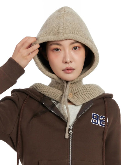 Buttoned Knit Hood Hat IN528