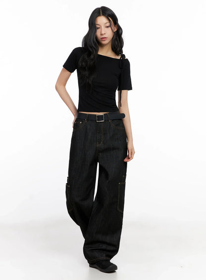 Asymmetric Shoulder-Tie T-Shirt IG508
