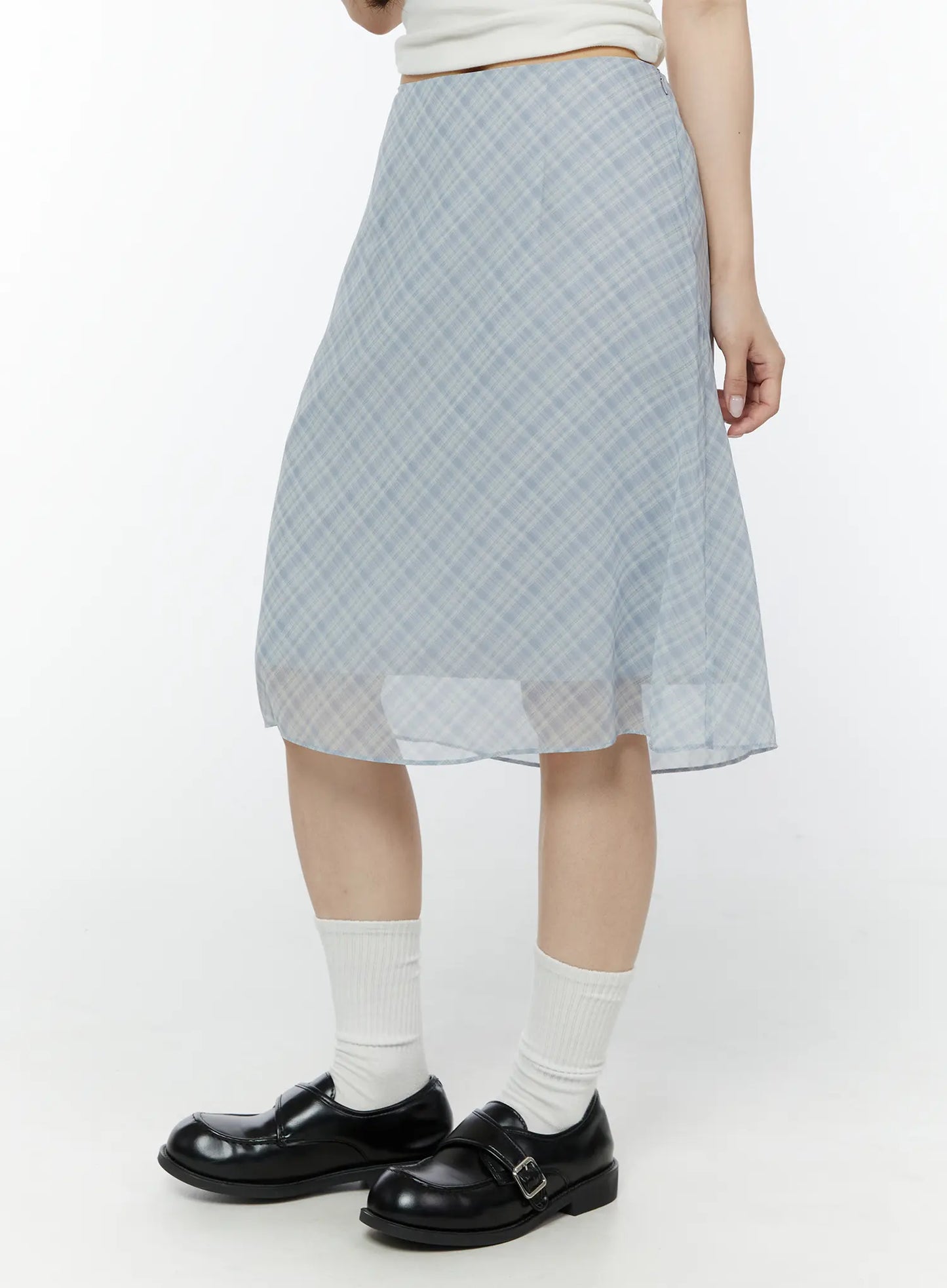 Chiffon Flare Plaid Midi Skirt IY507