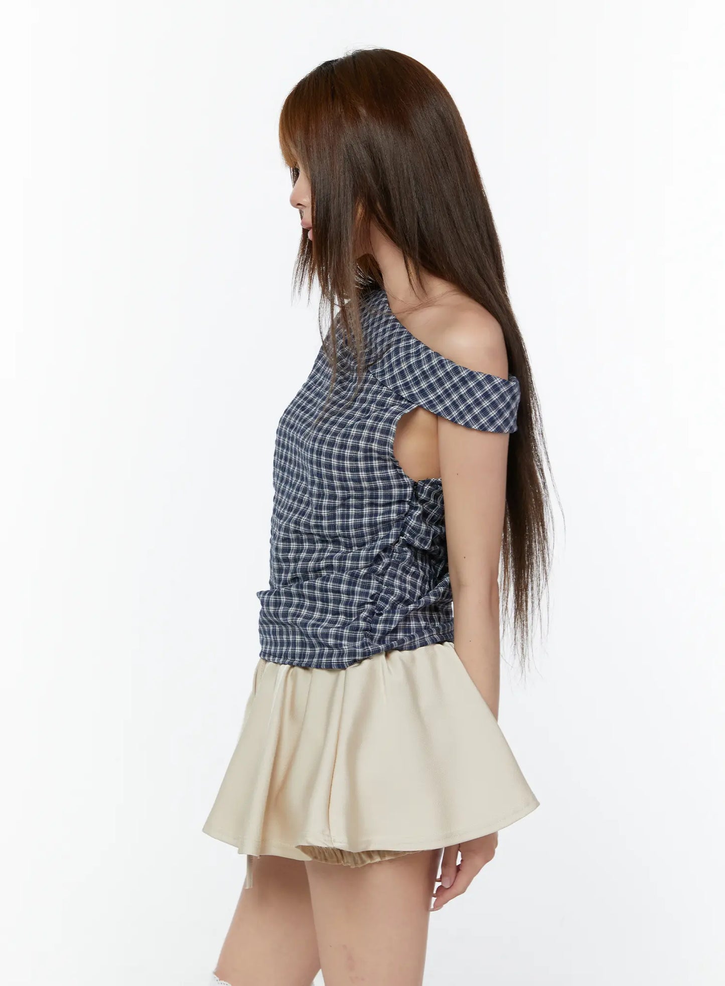 Asymmetric Ruched Plaid Blouse CY519