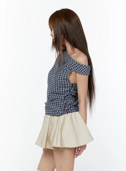 Asymmetric Ruched Plaid Blouse CY519