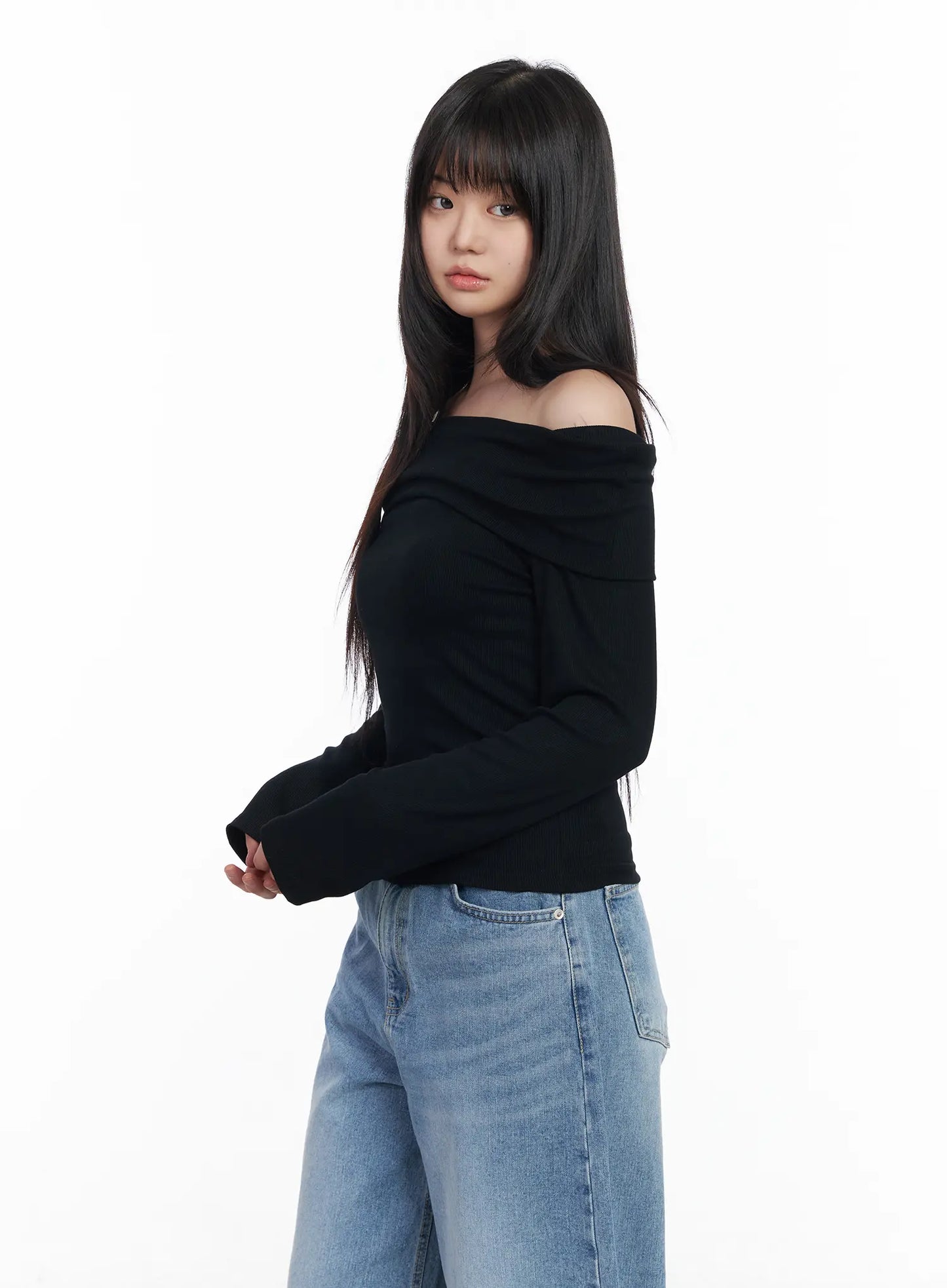 Basic Off-Shoulder Ribbed Long Sleeve Top CM512