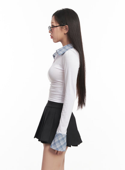 Checkered-Collar Long-Sleeve Crop Top CM531