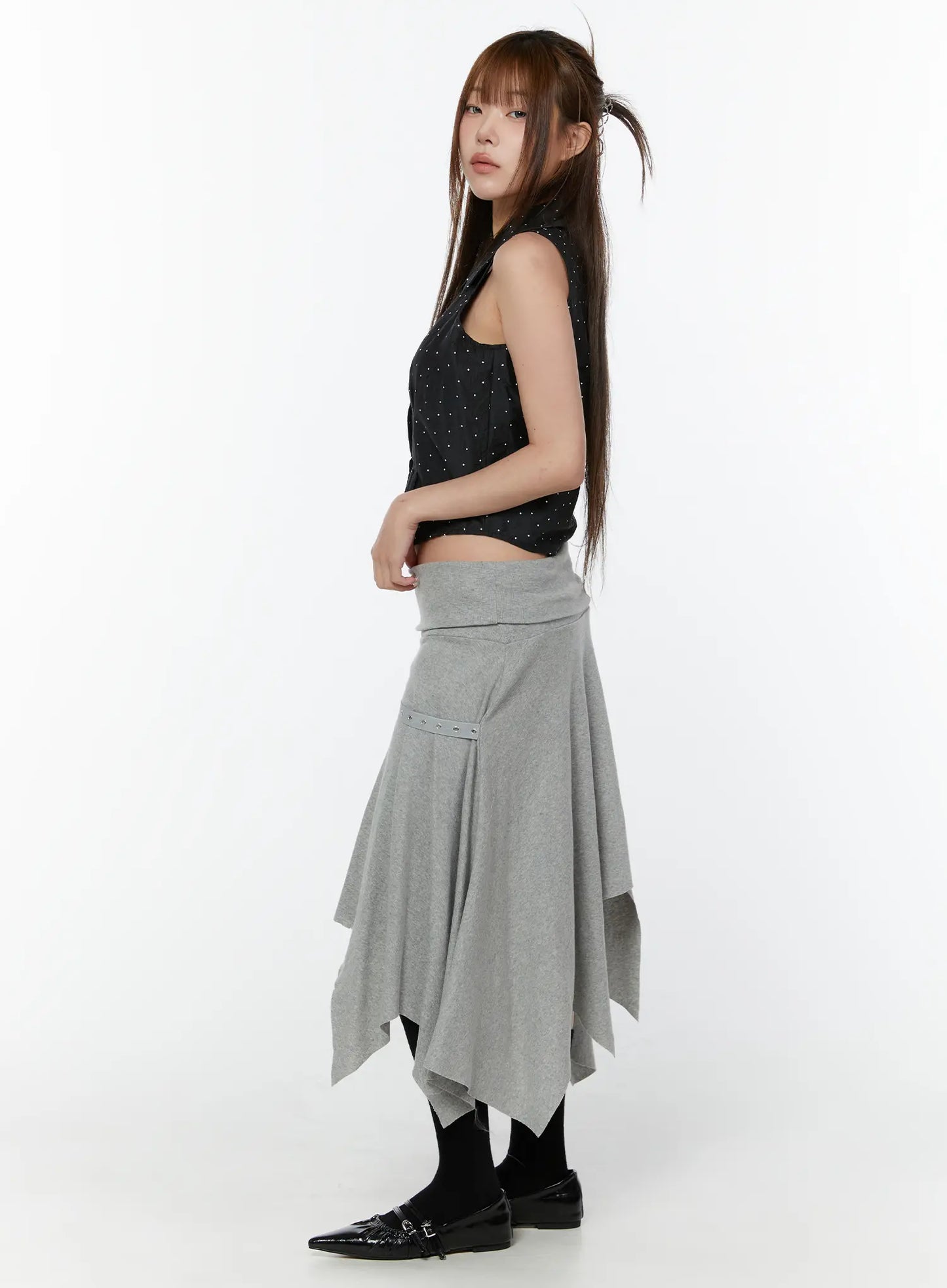 Asymmetric Hem Belted Midi Skirt CY518