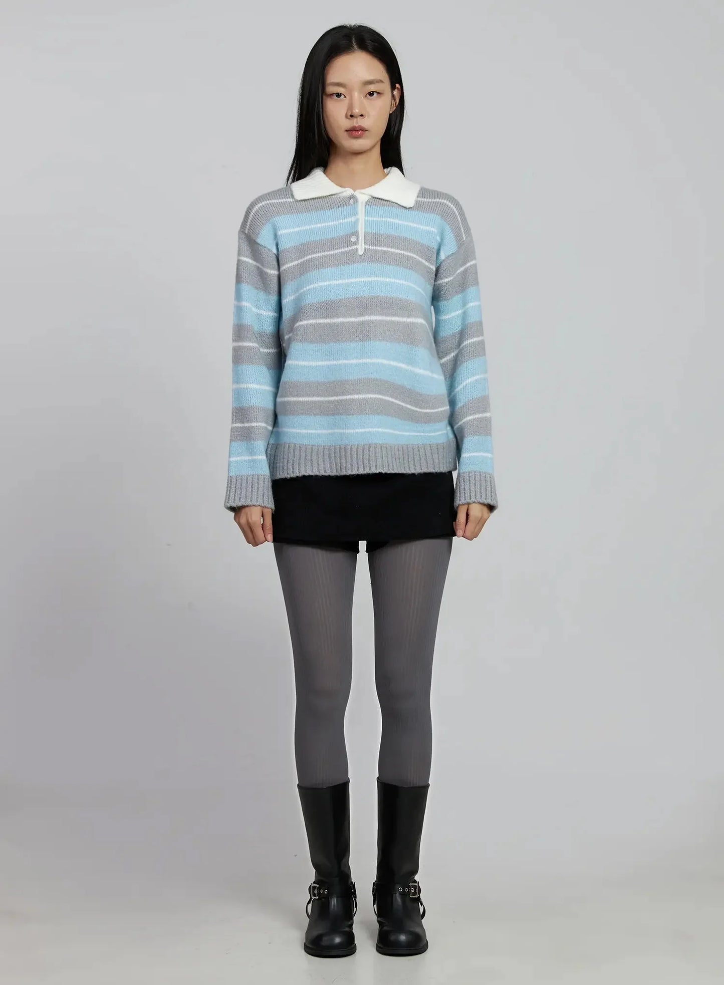 Buttoned Collar Striped Knit Sweater IM520