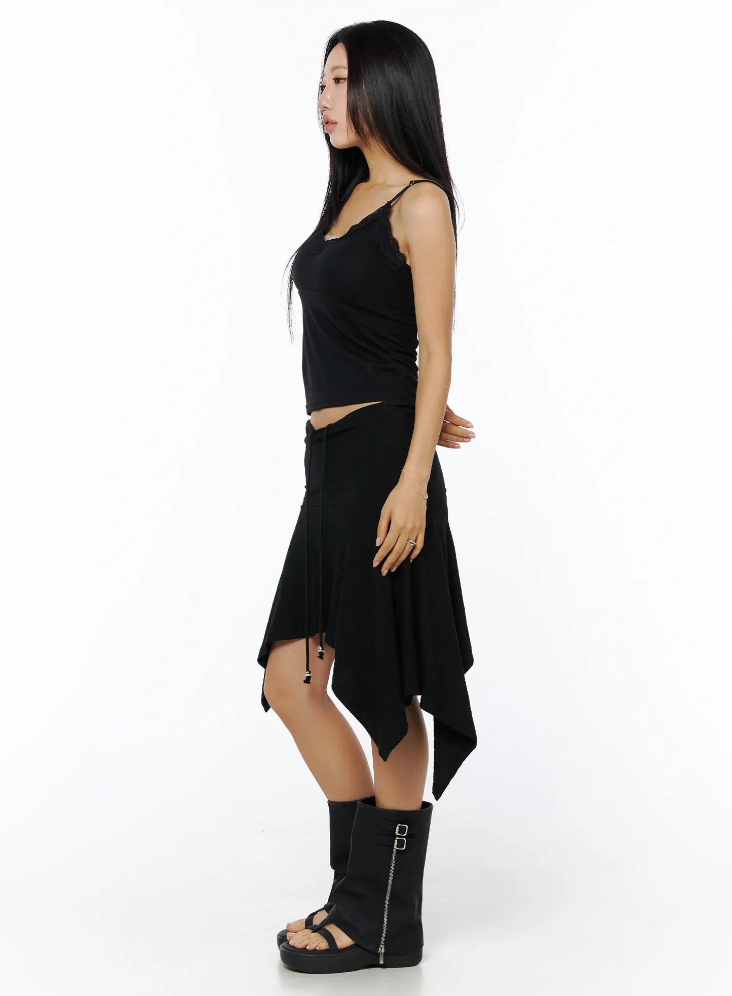 Asymmetric Midi Skirt with Drawstring CU512
