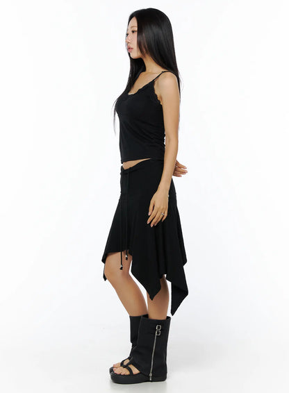 Asymmetric Midi Skirt with Drawstring CU512