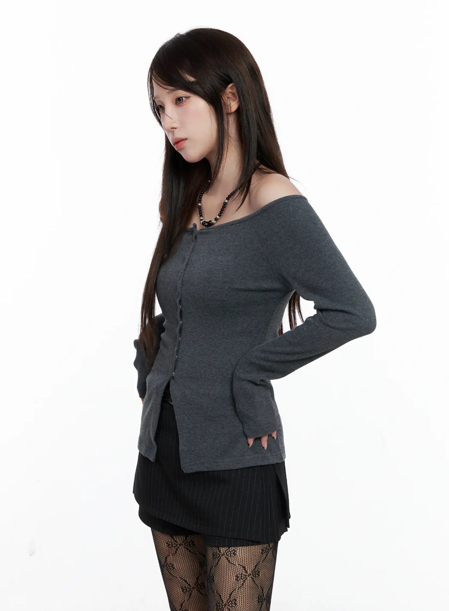 Buttoned Off-Shoulder Long Sleeve Cardigan CO520