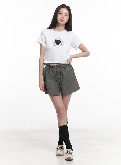 Checkered Ribbon Button Mini Skirt IY513