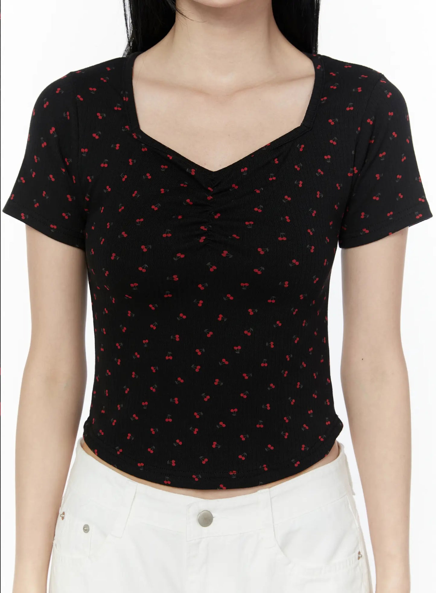 Cherry Print Sweetheart Neckline Tee IU505