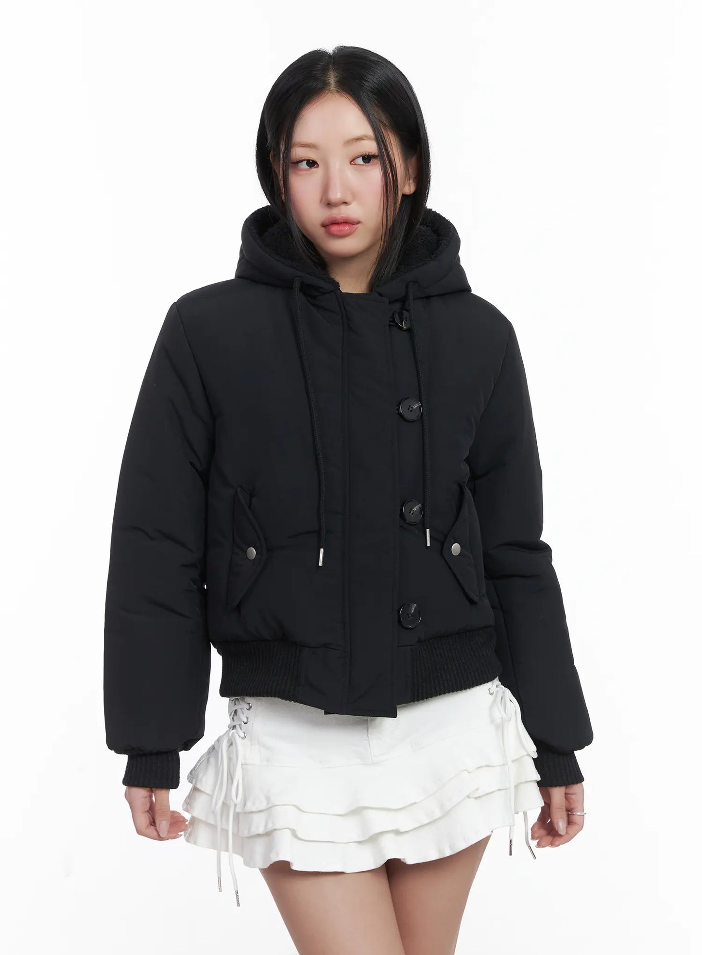 Button Faux Fur Crop Puffer Jacket CD529