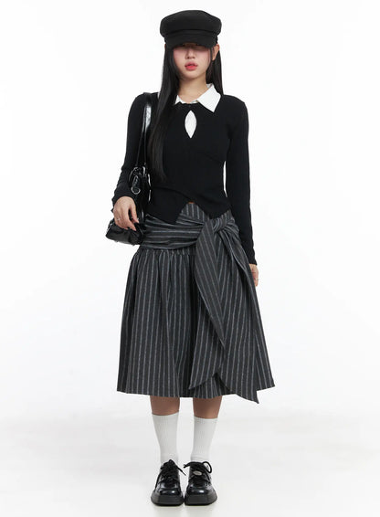 Button Wrap Collar Ribbed Long Sleeve Top CD529