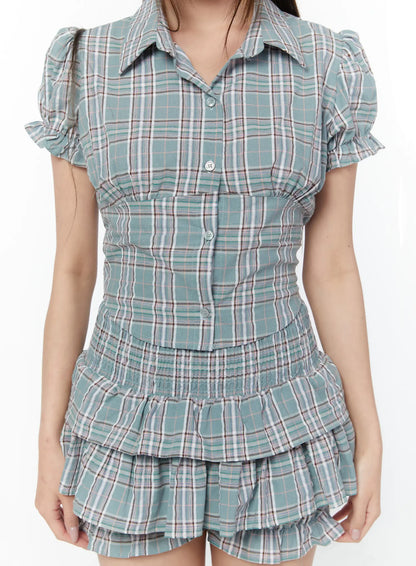 Check Puff Sleeve Crop Blouse CY518
