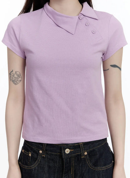 Asymmetrical Collar Short Sleeve Top CA501