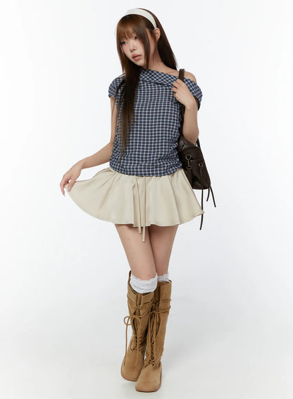 Asymmetric Ruched Plaid Blouse CY519