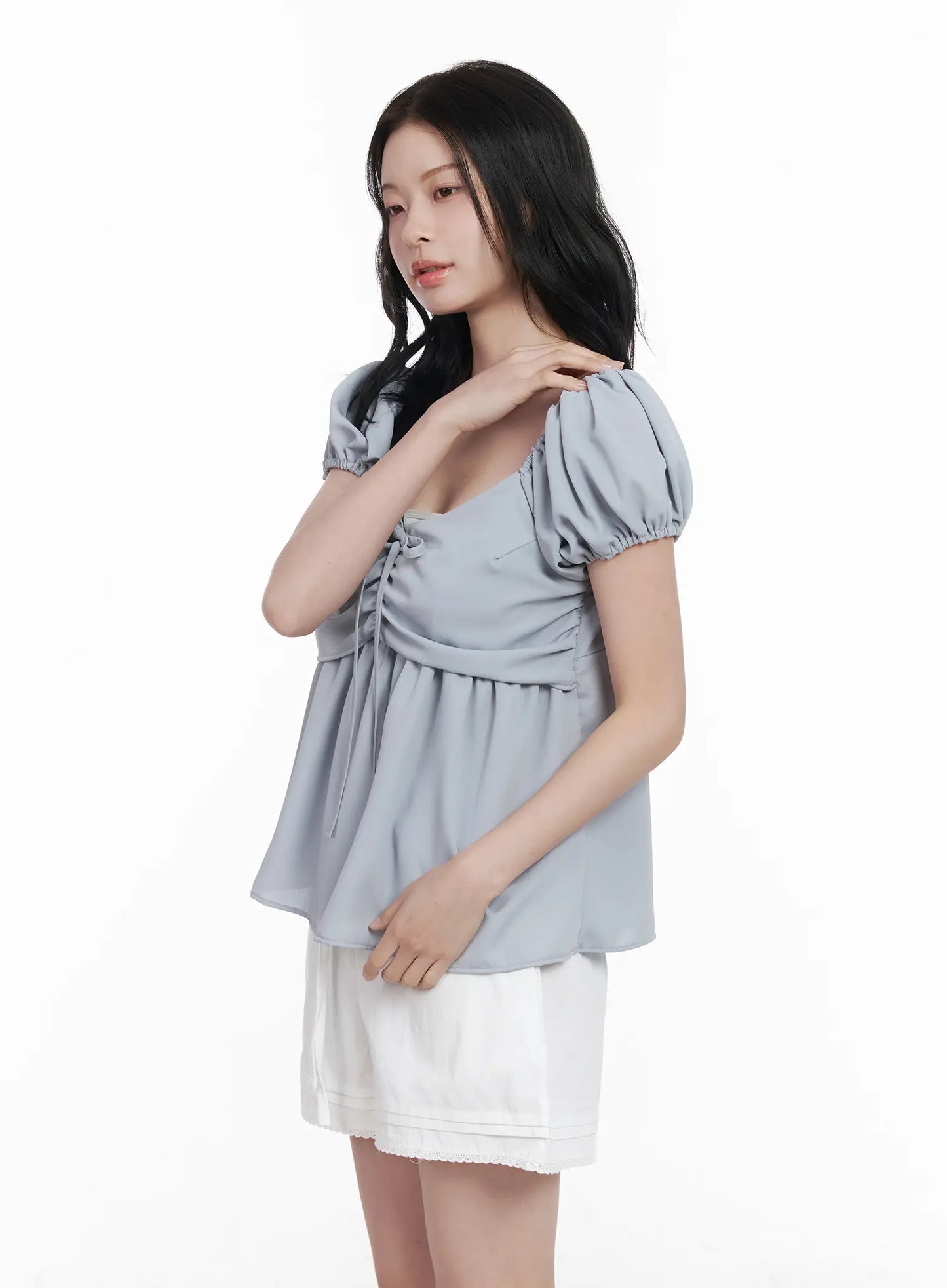 Chiffon Ruched Puff Sleeve Blouse CA510