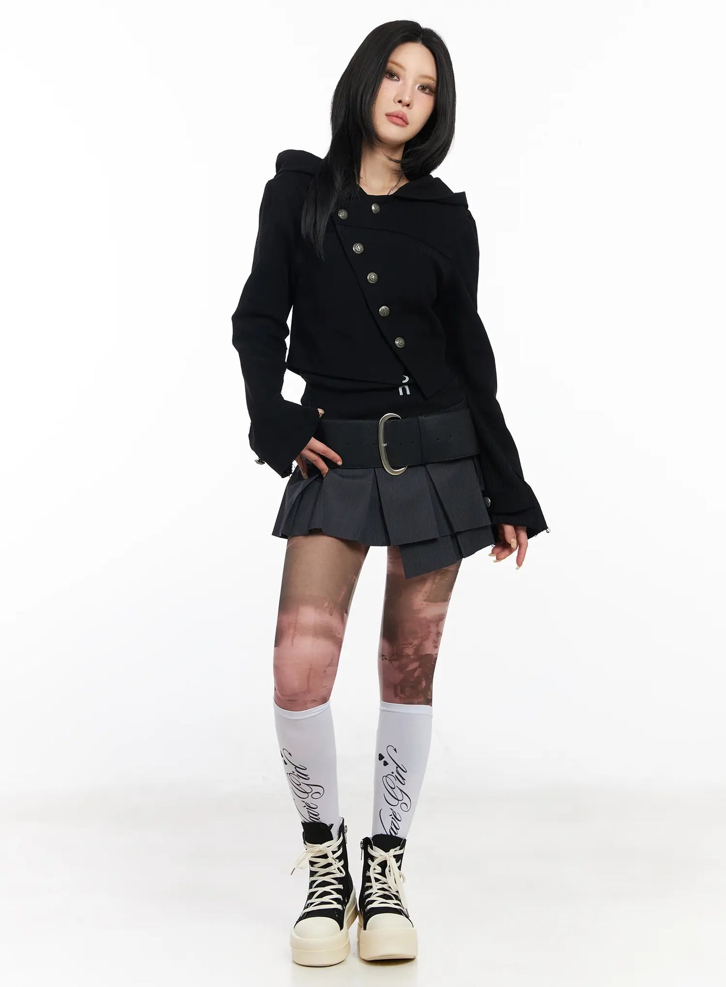 Asymmetric Button-Detail Hoodie CF527