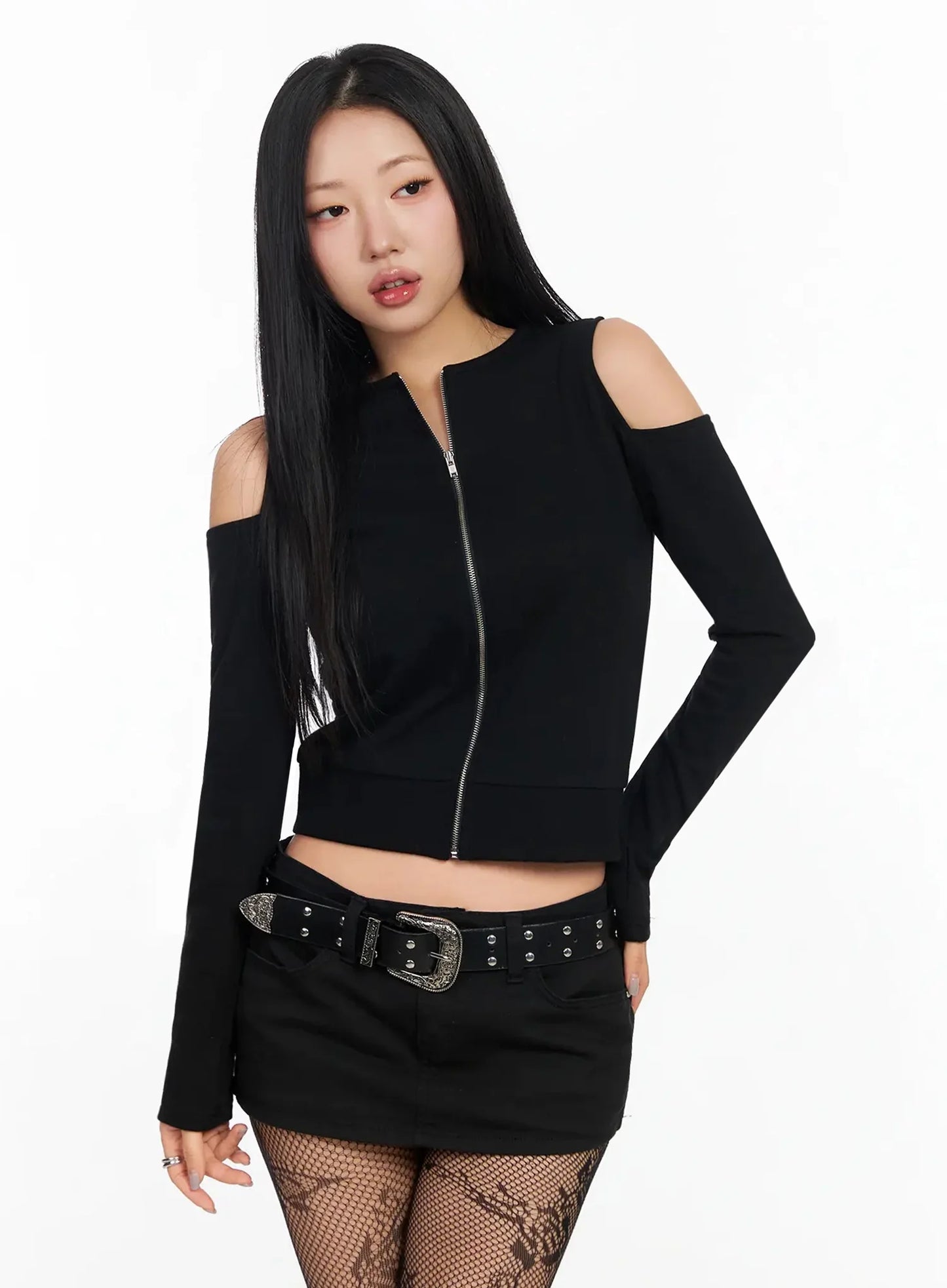 Chic Shoulder Cut-Out Zip-Up Top IA507