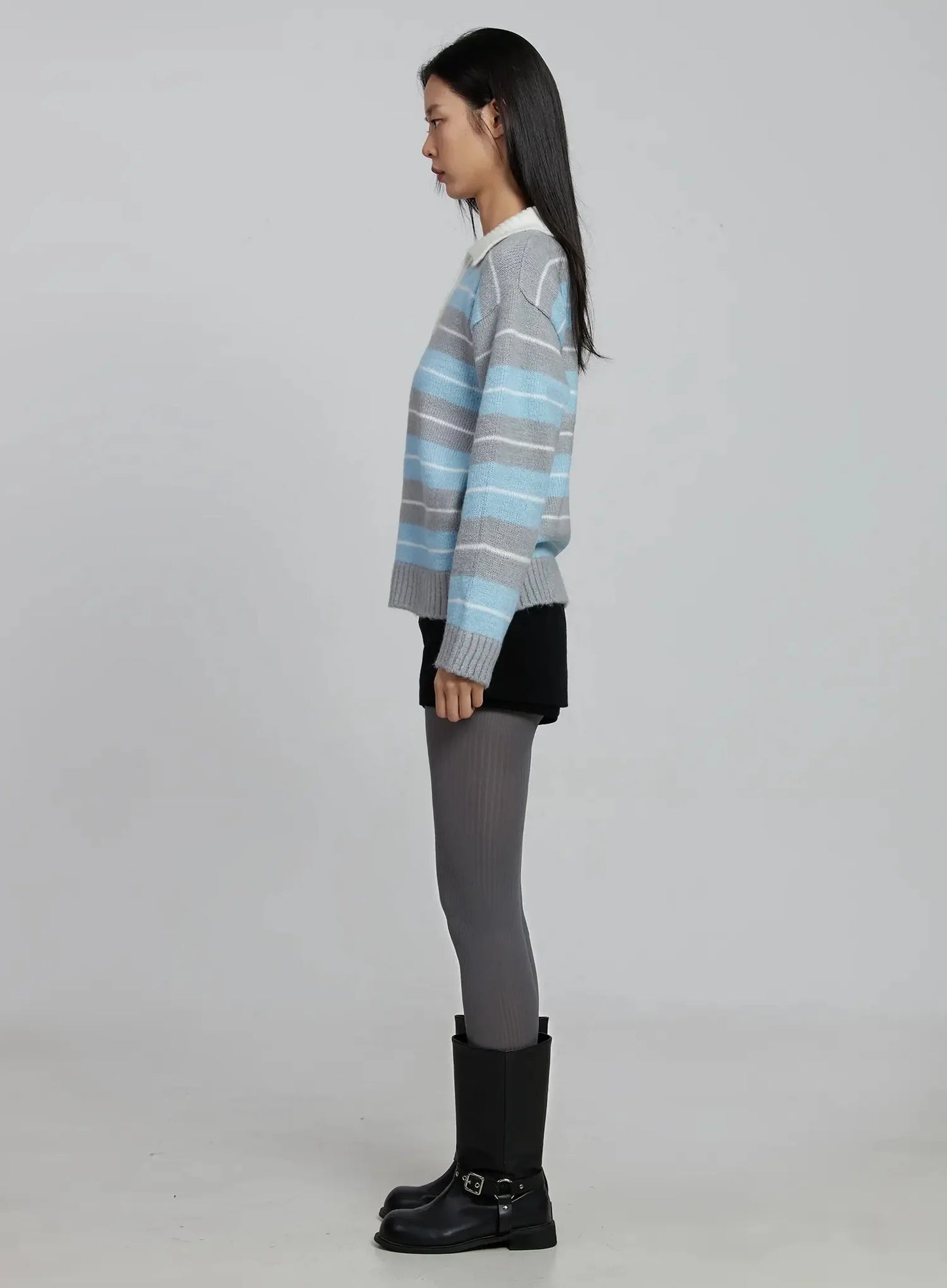 Buttoned Collar Striped Knit Sweater IM520