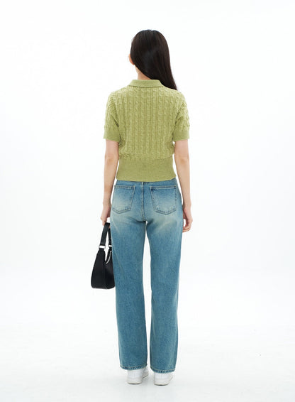 Cable Knit Collared Short-sleeve Sweater CA01