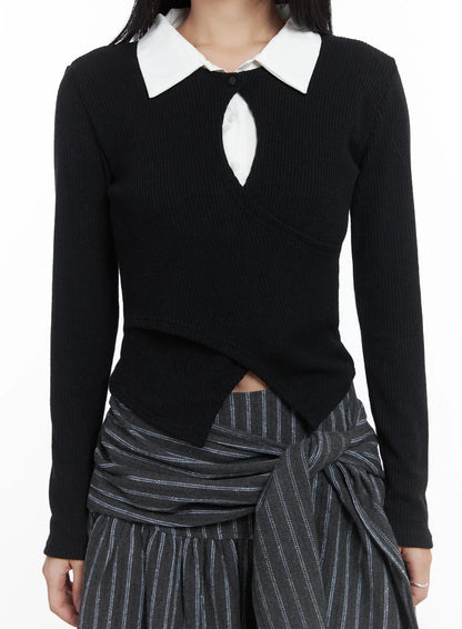 Button Wrap Collar Ribbed Long Sleeve Top CD529