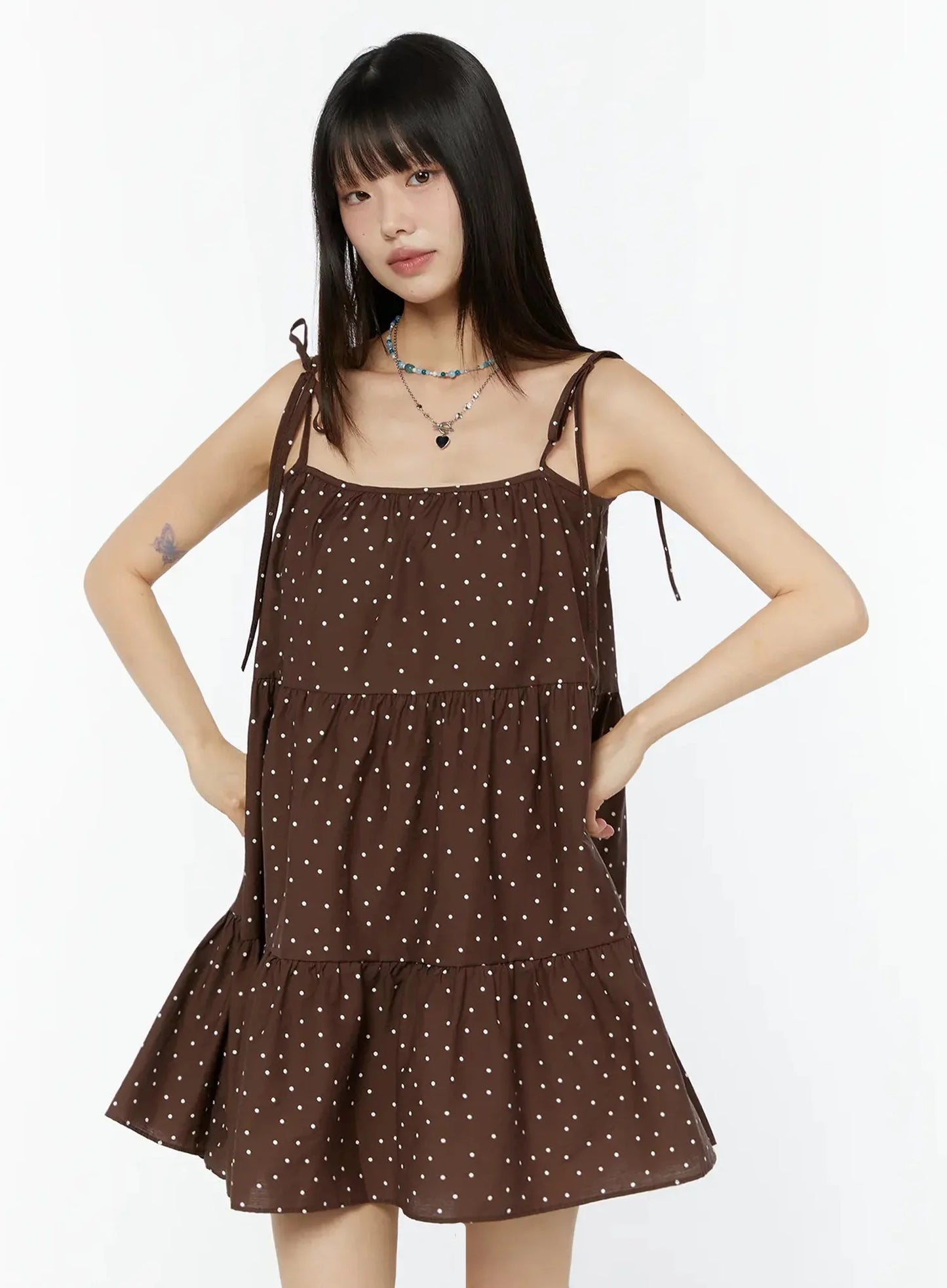Brown Polka Dot Tiered Dress IU518