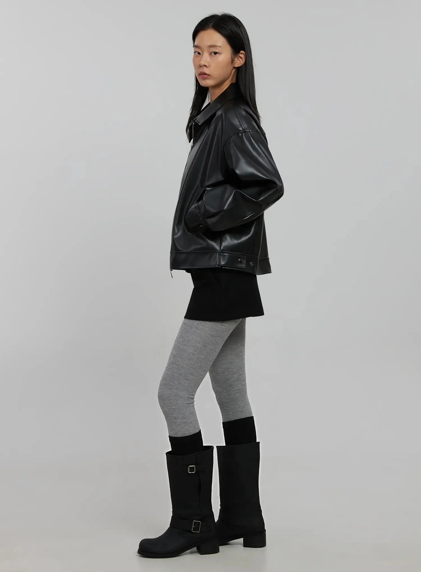 Basic Cropped Faux Leather Jacket IN507
