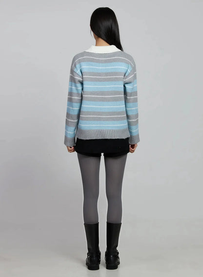 Buttoned Collar Striped Knit Sweater IM520