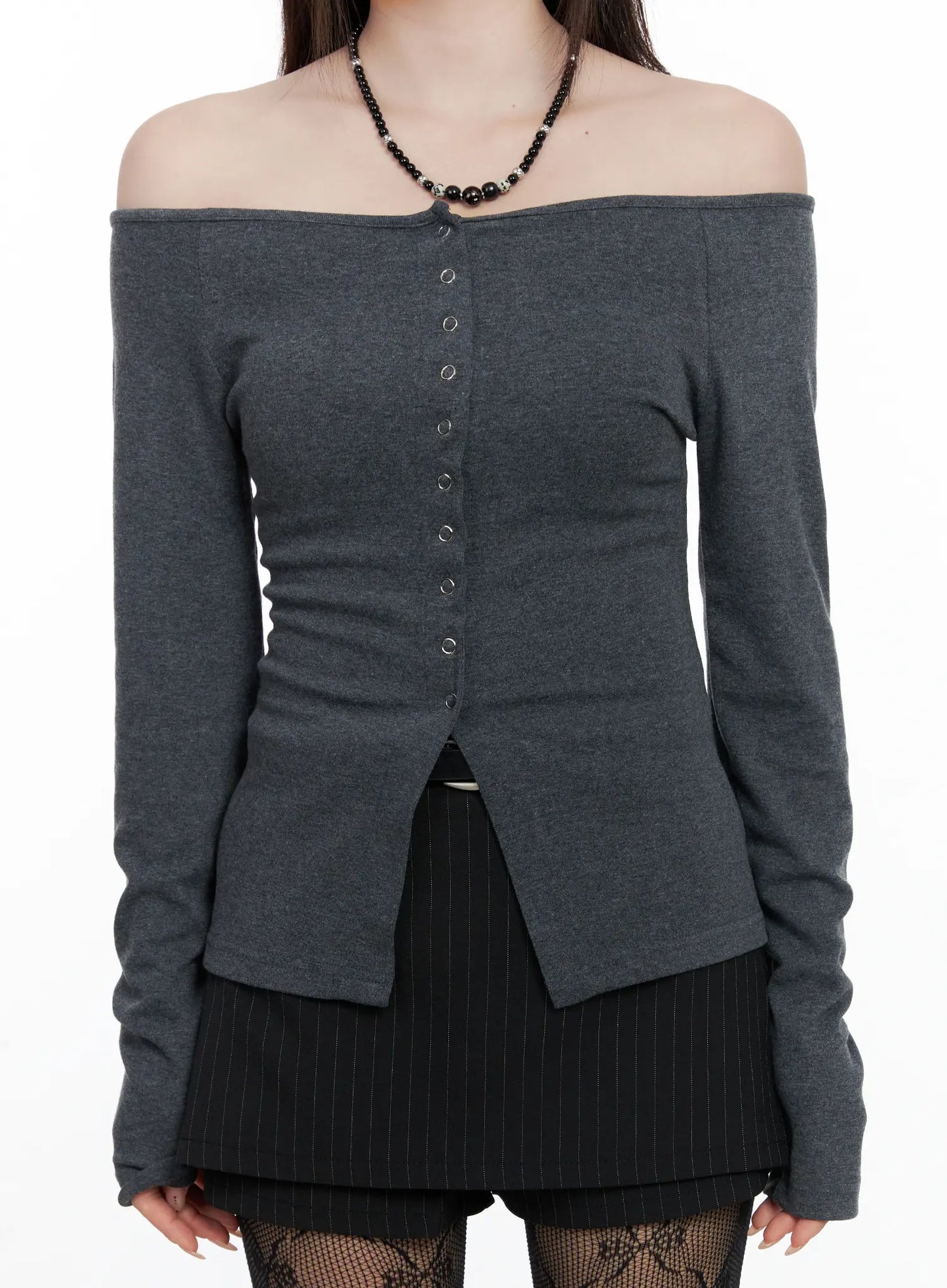 Buttoned Off-Shoulder Long Sleeve Cardigan CO520